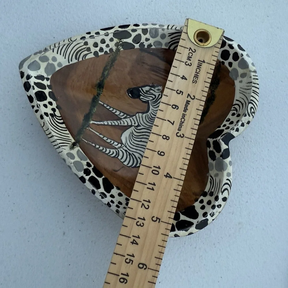 Folk Art Heart Shaped Wooden‎ Heart Trinket Dish Zebra Painted Animal Print